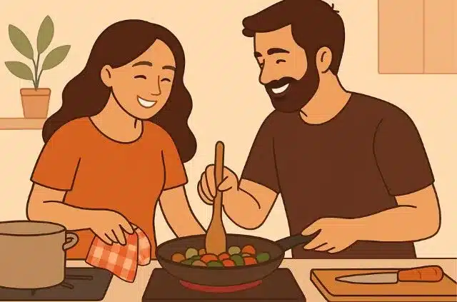 couple cooking together

